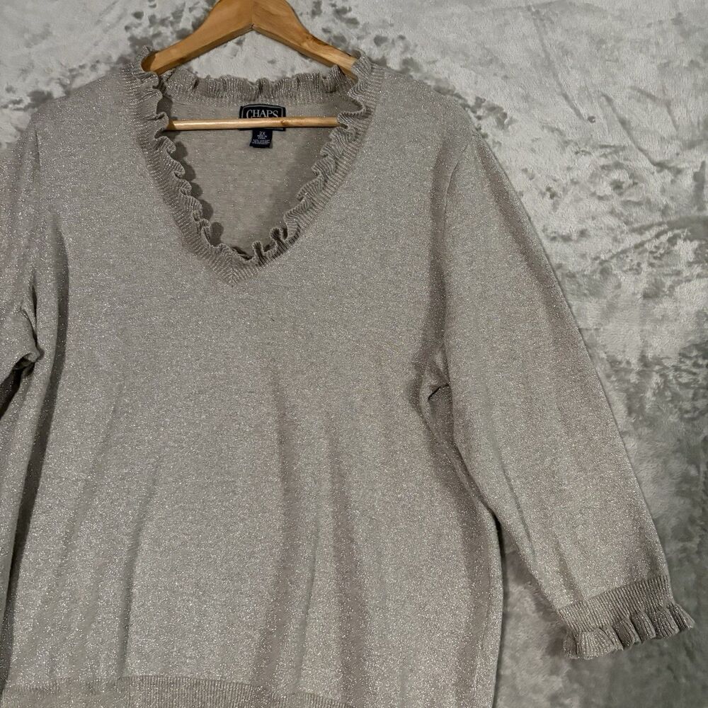 Chaps Classics 2X Metallic Silver Ruffle V-Neck Sweater Shimmer 3/4 Sleeve Plus